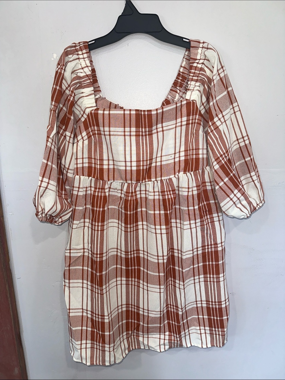 Monteau Rust and White Plaid Square-Neck Dress